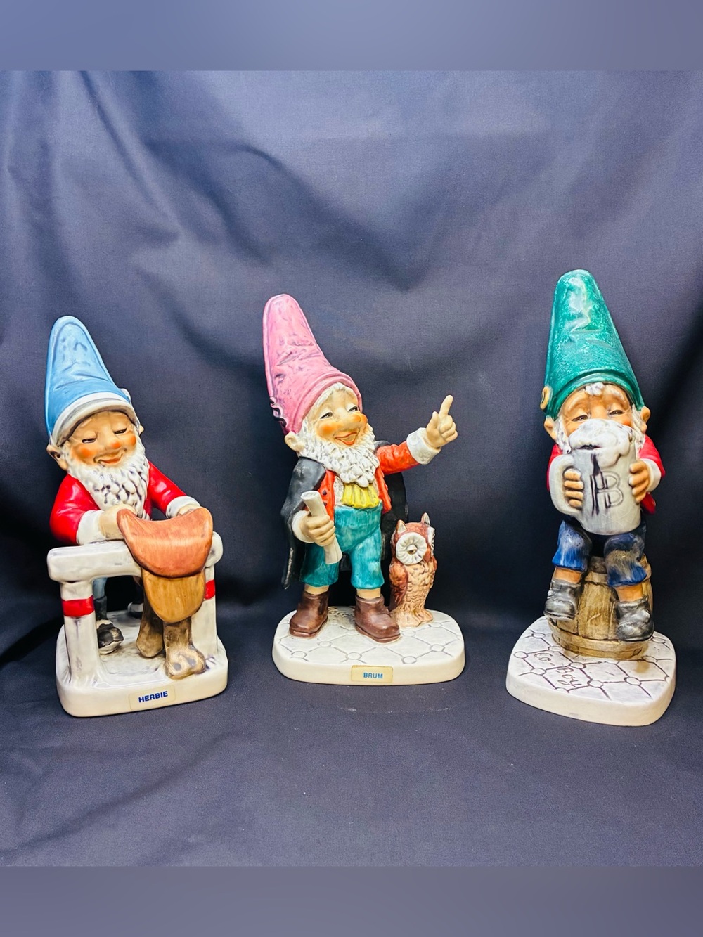 3 Vintage Goebel Co Boy Gnomes-Brum the Lawyer, Sepp Beer Buddy, Herbie Horseman
